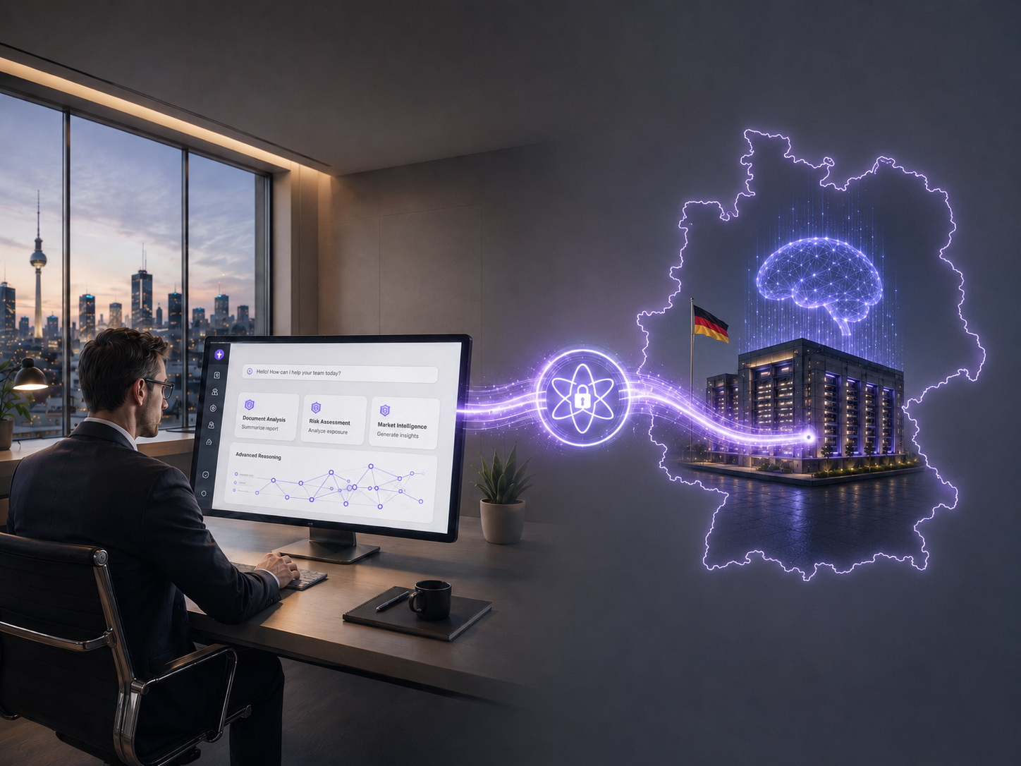 Illustrative view of a sovereign AI architecture in which users access advanced AI services through trusted German infrastructure and quantum-secured connectivity.