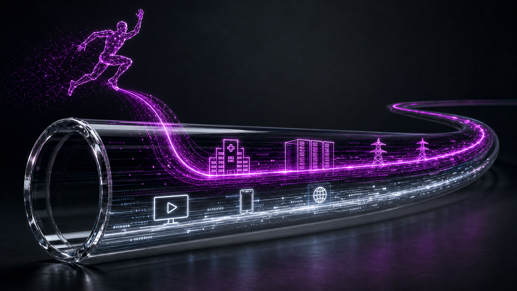 AI-generated Illustration: A visualization of QKD integration into existing transport infrastructure: QKD, shown as a purple quantum stream, joins classical high-capacity data traffic inside the same standard fiber.